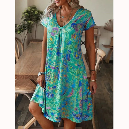 Vestido de manga corta con escote en pico y estampado holgado - EspaƱa