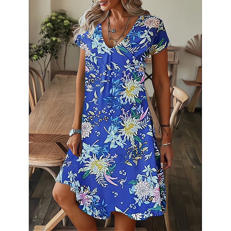 Vestido de manga corta con escote en pico y estampado holgado - España