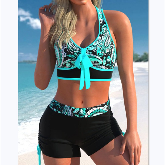 Traje de baño estampado de bikini con falda boxer dividida de talla grande explosiva para mujer - España